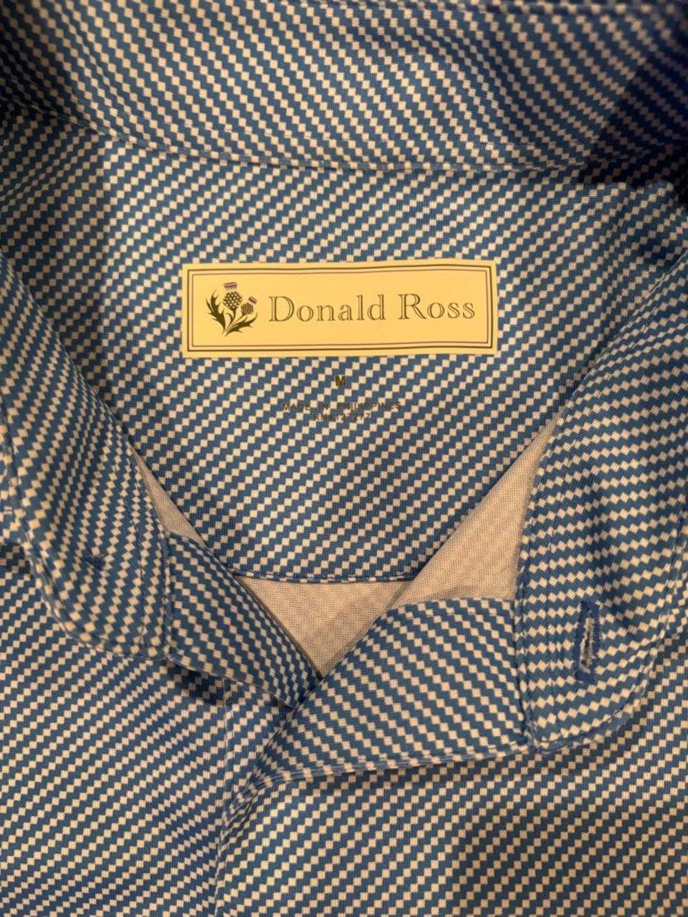Donald Ross Polo Shirt Medium Blue White Check Golf The Orchard Logo